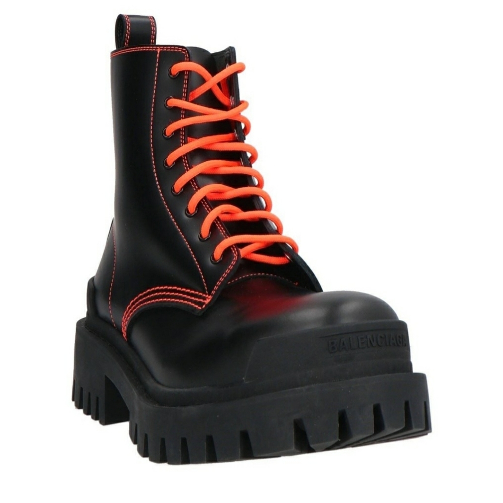 NWT. Balenciaga Black Leather Combat Boots with neon Orange Laces W11